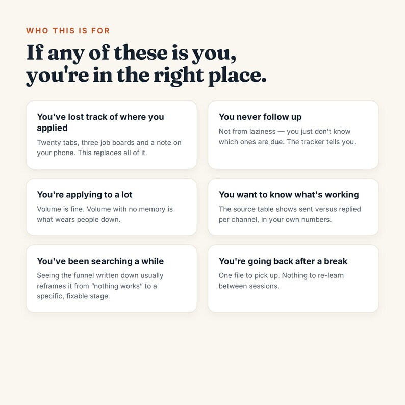 May include: A digital graphic with a cream background featuring the text: WHO THIS IS FOR. If any of these is you, you're in the right place. Six white rectangular boxes contain text describing job application tracking scenarios and solutions.