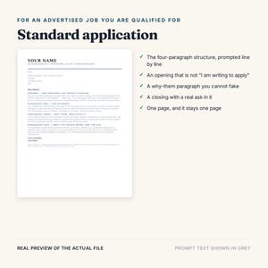 K&ouml;nnte beinhalten: Eine digitale Dokumentvorlage mit dem Titel Standard application f&uuml;r eine Stellenanzeige. Sie umfasst eine Struktur aus vier Abs&auml;tzen mit Platzhaltern f&uuml;r Kontaktinformationen, eine spezifische Einleitung, Nachweise und eine Abschlussfrage.
