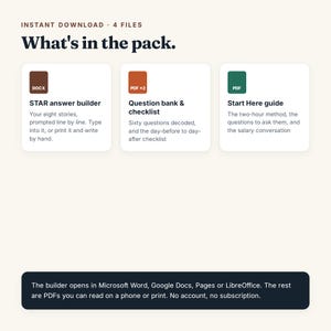 May include: An infographic titled What's in the pack showing four digital files. Three white cards display icons for a brown DOCX STAR answer builder, an orange PDF question bank and checklist, and a green PDF Start Here guide with descriptions.
