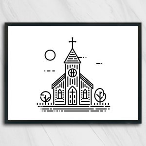 May include: A black and white line art print featuring a church with a steeple and cross, a circular window, and arched doors. The scene includes a sun, two stylized trees, and horizontal ground lines, all enclosed in a black rectangular frame.