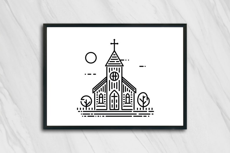 May include: A black and white line art print featuring a church with a steeple and cross, a circular window, and arched doors. The scene includes a sun, two stylized trees, and horizontal ground lines, all enclosed in a black rectangular frame.