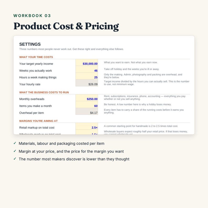 Pu&ograve; includere: Una pagina di cartella di lavoro intitolata Workbook 03 Product Cost & Pricing. Presenta una tabella con sezioni per impostazioni, costi del tempo, costi aziendali e margini. Il testo include dati finanziari specifici come un reddito annuale.