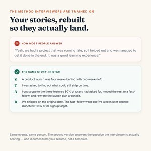Puede incluir: Un gr&aacute;fico educativo titulado The Method Interviewers Are Trained On: Your stories, rebuilt so they actually land. Compara una respuesta gen&eacute;rica con un ejemplo estructurado del m&eacute;todo STAR para comunicar logros profesionales con eficacia.