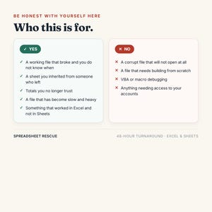 May include: A graphic chart titled Be Honest With Yourself Here Who this is for. It lists Yes criteria including broken working files, inherited sheets, untrusted totals, slow files, and Excel to Sheets issues, and No criteria like corrupt files.