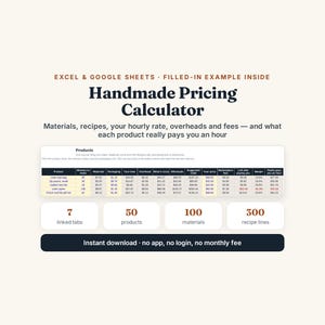 May include: A digital Handmade Pricing Calculator for Excel and Google Sheets. The interface displays a product pricing table with columns for materials, hourly rates, and overheads. It includes 7 linked tabs, 50 product slots, 100 material entries, and 300 recipe lines for business tracking.