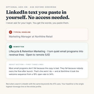May include: A digital graphic displaying LinkedIn profile optimization services. Text includes: LinkedIn text you paste in yourself. No access needed. Typical headline: Marketing Manager at Northline Retail. Rewritten: Lifecycle & Retention Marketing.