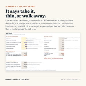 May include: A digital spreadsheet titled Rate check for owner-operator trucking. The document features sections for load offers, cost calculations, and profit analysis, including text that reads A BROKER IS ON THE PHONE and It says take it, thin, or walk away.