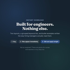 May include: A dark blue digital graphic with white text reading: INSTANT DOWNLOAD. Built for engineers. Nothing else. Two layouts, a grouped keyword list, and bullet examples written the way hiring managers actually read them. 1. Buy 2. Files appear immediately 3. Edit and apply tonight. Not an engineer? There are packs for nurses and teachers in my shop too.