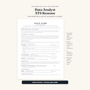 Könnte beinhalten: Eine weiße Lebenslaufvorlage für Datenanalysten mit schwarzem Text, die Abschnitte für berufliche Zusammenfassung, technische Fähigkeiten, Erfahrung, Projekte und Ausbildung enthält. Das Dokument bietet Platzhalter für Kontaktdaten.