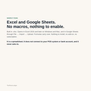 May include: A digital information sheet with dark text on a light background. It states: WHERE IT RUNS, Excel and Google Sheets. No macros, nothing to enable. Built in .xlsx. Opens in Excel 2016 and later on Windows and Mac, and in Google Sheets through File &rarr; Import &rarr; Upload. Formulas carry over. Nothing to install, no add-on, no subscription. It is a spreadsheet. It does not connect to your POS system or bank account, and it never asks to. ThePlainLedger.
