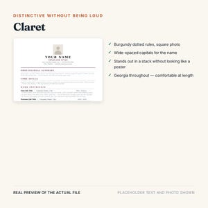 May include: A resume template titled Claret featuring a square photo placeholder, wide-spaced capital letters for the name, and burgundy dotted rules. The document uses Georgia font throughout and includes sections for professional summary, core skills, and work experience.