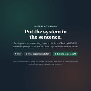 May include: A digital graphic with a dark green gradient background featuring the text: INSTANT DOWNLOAD, Put the system in the sentence. Two layouts, an accounting keyword list from CPA to XLOOKUP, and bullet prompts. Buttons labeled 1. Buy, 2. Files appear immediately, 3. Edit and apply tonight.