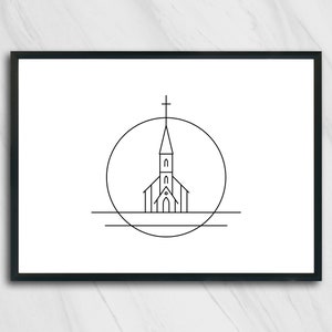 K&ouml;nnte beinhalten: Linienkunst-Illustration einer Kirche mit einem Kreuz oben, innerhalb eines Kreises mit einer Linie darunter. Das Design ist in Schwarzwei&szlig;.