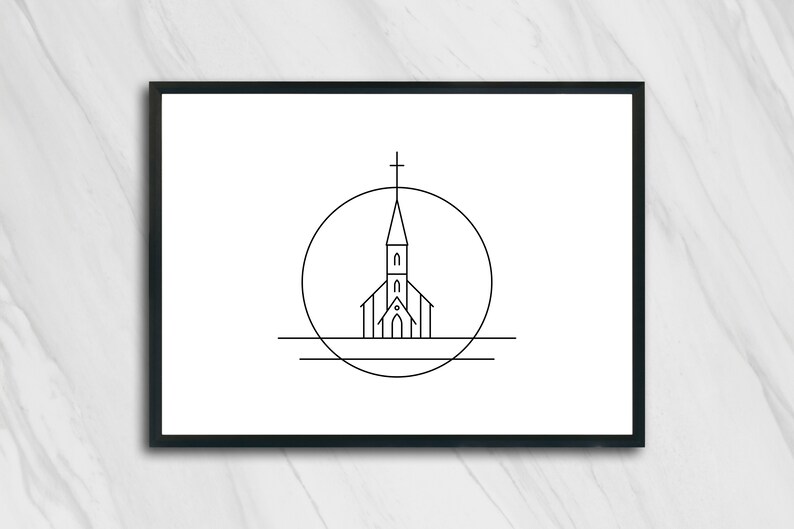 K&ouml;nnte beinhalten: Linienkunst-Illustration einer Kirche mit einem Kreuz oben, innerhalb eines Kreises mit einer Linie darunter. Das Design ist in Schwarzwei&szlig;.