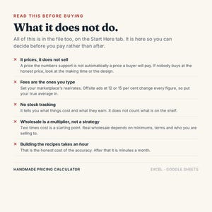 May include: A digital informational graphic titled READ THIS BEFORE BUYING What it does not do. It lists five limitations of a handmade pricing calculator: it prices but does not sell, fees are manual, no stock tracking, wholesale is a multiplier, and recipe building takes an hour. It notes compatibility with Excel and Google Sheets.