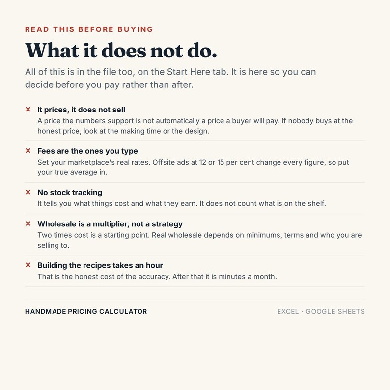 May include: A digital informational graphic titled READ THIS BEFORE BUYING What it does not do. It lists five limitations of a handmade pricing calculator: it prices but does not sell, fees are manual, no stock tracking, wholesale is a multiplier, and recipe building takes an hour. It notes compatibility with Excel and Google Sheets.