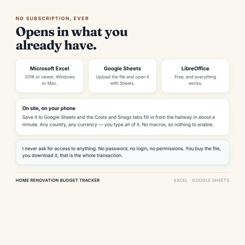 May include: A digital home renovation budget tracker information graphic with the text: NO SUBSCRIPTION, EVER. Opens in what you already have. Microsoft Excel, Google Sheets, LibreOffice. On site, on your phone. I never ask for access to anything.