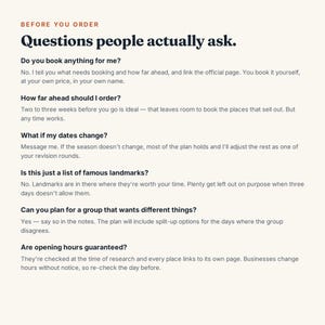 May include: An informational document titled BEFORE YOU ORDER Questions people actually ask. It lists six frequently asked questions regarding booking procedures, timing, date changes, landmark selection, group planning, and opening hours verification.