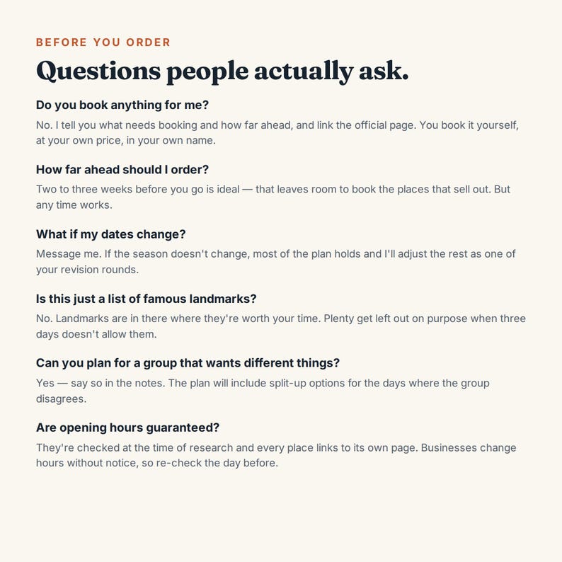 May include: An informational document titled BEFORE YOU ORDER Questions people actually ask. It lists six frequently asked questions regarding booking procedures, timing, date changes, landmark selection, group planning, and opening hours verification.