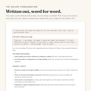 May include: A document titled The Salary Conversation: Written out, word for word. It provides negotiation scripts, advice on salary ranges, and tips for handling offers, including sections on honest limits and two things worth knowing for candidates.