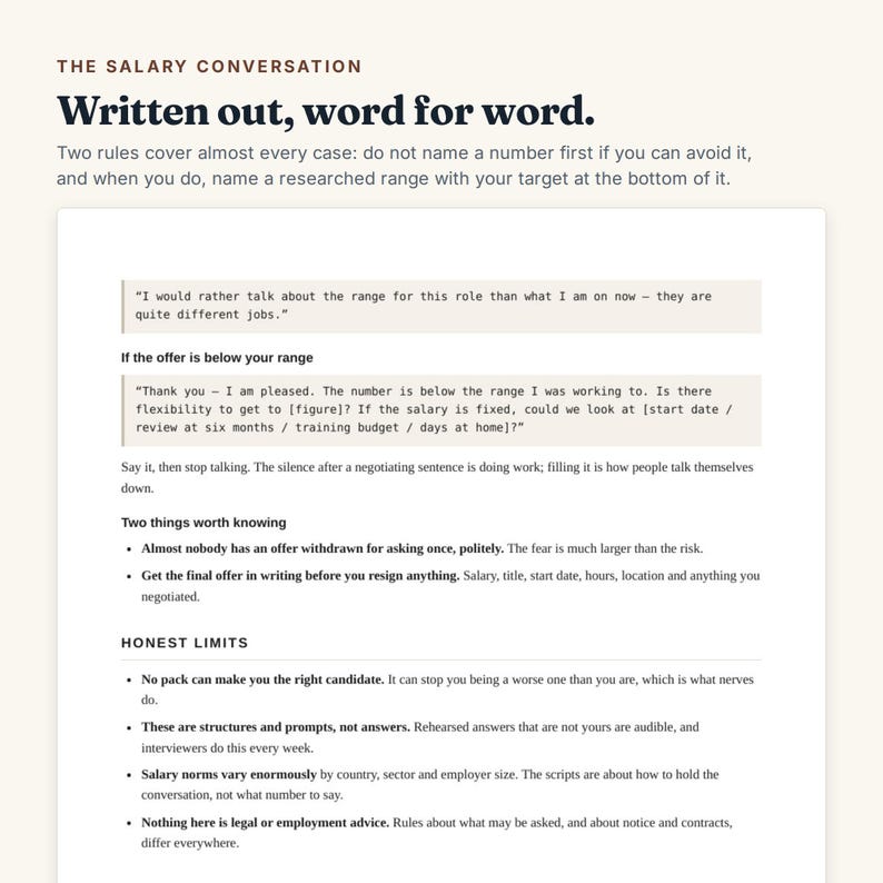 May include: A document titled The Salary Conversation: Written out, word for word. It provides negotiation scripts, advice on salary ranges, and tips for handling offers, including sections on honest limits and two things worth knowing for candidates.
