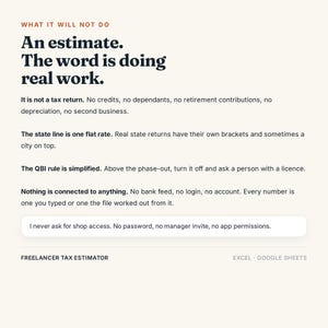 Puede incluir: Una hoja de informaci&oacute;n digital titulada Freelancer Tax Estimator con texto negro sobre fondo crema. Describe limitaciones, indicando que no es una declaraci&oacute;n de impuestos, carece de conexi&oacute;n bancaria y no requiere acceso a la tienda ni contrase&ntilde;as.