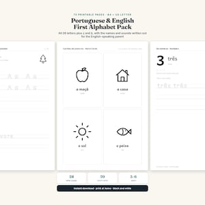 May include: A printable educational pack featuring 75 pages in A4 and US Letter sizes. The black and white sheets include alphabet practice with letters, word cards with icons like an apple and house, and number tracing exercises for children.