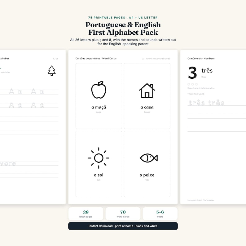 May include: A printable educational pack featuring 75 pages in A4 and US Letter sizes. The black and white sheets include alphabet practice with letters, word cards with icons like an apple and house, and number tracing exercises for children.