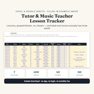 Tutor Lesson Tracker Excel Spreadsheet, Music Teacher Student Planner and Payment Log for Google Sheets, Prepaid Package Credits