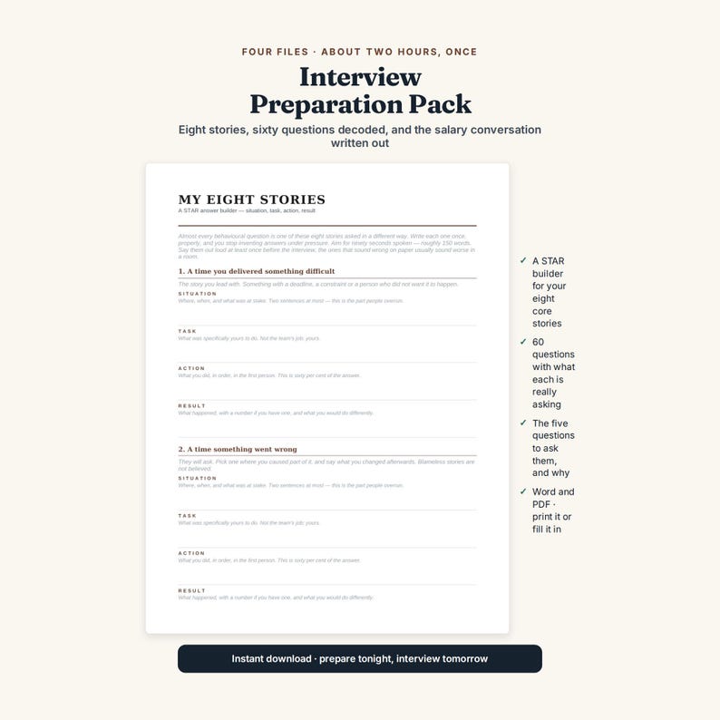 May include: An Interview Preparation Pack document featuring the title Four Files, About Two Hours, Once. The page includes a STAR answer builder template titled My Eight Stories, with sections for situation, task, action, and result for eight stories.