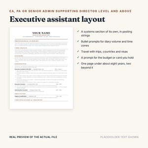 以下が含まれることがあります： エグゼクティブアシスタント向けのデジタル履歴書テンプレート。専門的な要約、コアスキル、システム、職務経歴、学歴、資格のセクションがあり、スケジュール管理や出張管理に関するテキストプロンプトが含まれています。