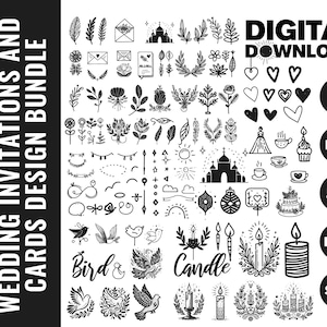 May include: A black and white graphic design bundle of 150 wedding invitations and cards. The bundle includes illustrations of birds, candles, hearts, flowers, and other wedding-related elements. The text "Digital Download" is displayed in the upper right corner of the image. The text "AI, EPS, JPG, PNG, SVG" is displayed in the lower right corner of the image.