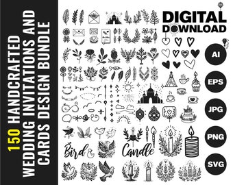 150 Wedding Invitation Designs, Vector SVG EPS PNG Bundle, Printable Invites, Save the Date, Menu and Place Cards, Cricut