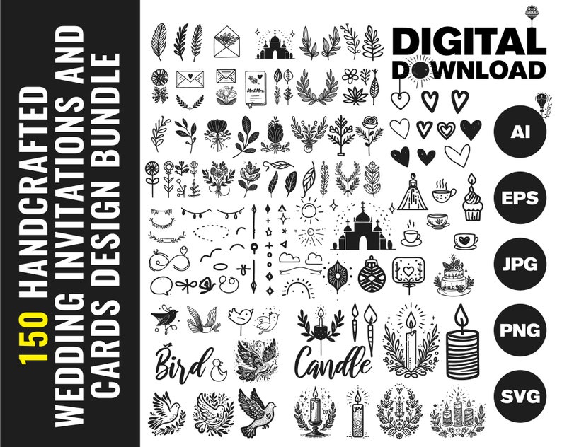 May include: A black and white graphic design bundle of 150 wedding invitations and cards. The bundle includes illustrations of birds, candles, hearts, flowers, and other wedding-related elements. The text "Digital Download" is displayed in the upper right corner of the image. The text "AI, EPS, JPG, PNG, SVG" is displayed in the lower right corner of the image.
