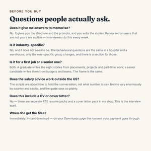 May include: An informational document titled Before You Buy: Questions people actually ask. It provides answers regarding interview preparation, industry specificity, job seniority, salary advice, CV inclusion, and file delivery via instant download.