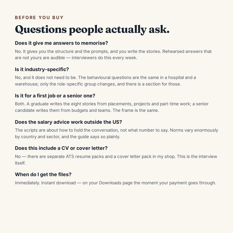 May include: An informational document titled Before You Buy: Questions people actually ask. It provides answers regarding interview preparation, industry specificity, job seniority, salary advice, CV inclusion, and file delivery via instant download.