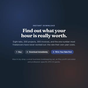 May include: A digital product listing with the text: Instant Download. Find out what your hour is really worth. Eight tabs, 200 projects, 300 invoices, and the one number most freelancers have never worked out: the rate their own year costs.