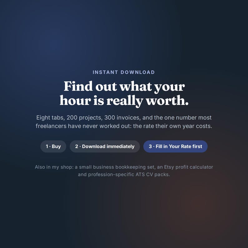 May include: A digital product listing with the text: Instant Download. Find out what your hour is really worth. Eight tabs, 200 projects, 300 invoices, and the one number most freelancers have never worked out: the rate their own year costs.