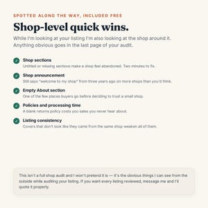 May include: An informational graphic titled Shop-level quick wins. It lists five points: Shop sections, Shop announcement, Empty About section, Policies and processing time, and Listing consistency, each marked with a green checkmark icon.