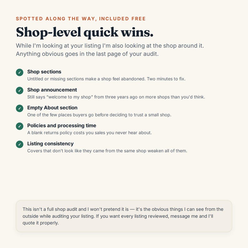 May include: An informational graphic titled Shop-level quick wins. It lists five points: Shop sections, Shop announcement, Empty About section, Policies and processing time, and Listing consistency, each marked with a green checkmark icon.