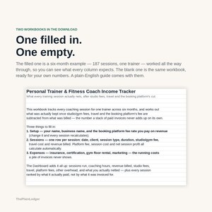 Pode incluir: Um download digital contendo duas pastas de trabalho para um rastreador de renda de personal trainer e coach de fitness. Uma pasta est&aacute; preenchida com um exemplo de seis meses de 187 sess&otilde;es, e a outra est&aacute; em branco para uso pessoal.