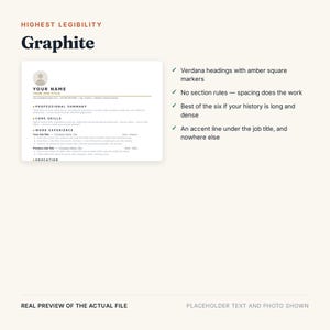 May include: A resume template titled Graphite featuring a clean layout with Verdana headings, amber square markers, and an accent line under the job title. The document includes sections for professional summary, core skills, work experience, and education.
