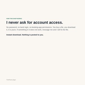 Pode incluir: Um gr&aacute;fico informativo digital num fundo creme com texto escuro que diz: HOW THIS SHOP WORKS. I never ask for account access. No password, no bank login, no booking-app permissions. You buy a file, you download it, it is yours. If something in it does not work, message me and I will fix the file. Instant download. Nothing is posted to you. ThePlainLedger.