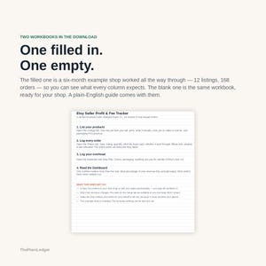 Może przedstawiać: Zestaw cyfrowych skoroszyt&oacute;w zatytułowany Etsy Seller Profit & Fee Tracker. Tekst brzmi: Two workbooks in the download. One filled in. One empty. The filled one is a six-month example shop worked all the way through&mdash;12 listings, 168 orders.