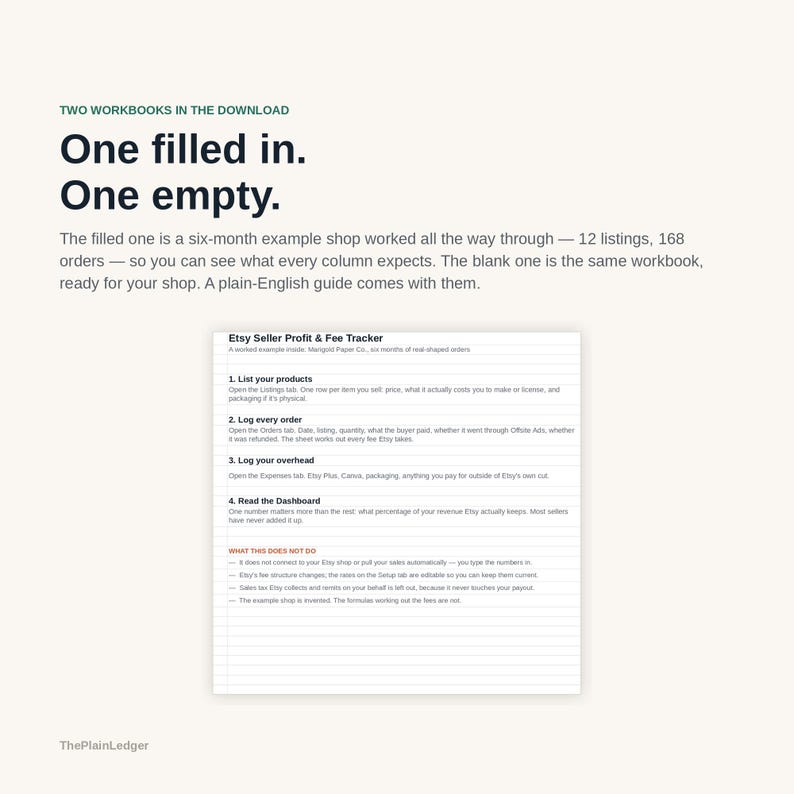 Może przedstawiać: Zestaw cyfrowych skoroszyt&oacute;w zatytułowany Etsy Seller Profit & Fee Tracker. Tekst brzmi: Two workbooks in the download. One filled in. One empty. The filled one is a six-month example shop worked all the way through&mdash;12 listings, 168 orders.