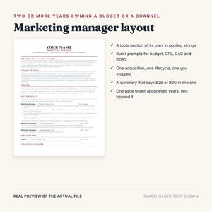 May include: A marketing manager resume template featuring sections for professional summary, core skills, tools, experience, and education. The document includes text headers and bullet points with placeholder content, alongside a list of layout tips.