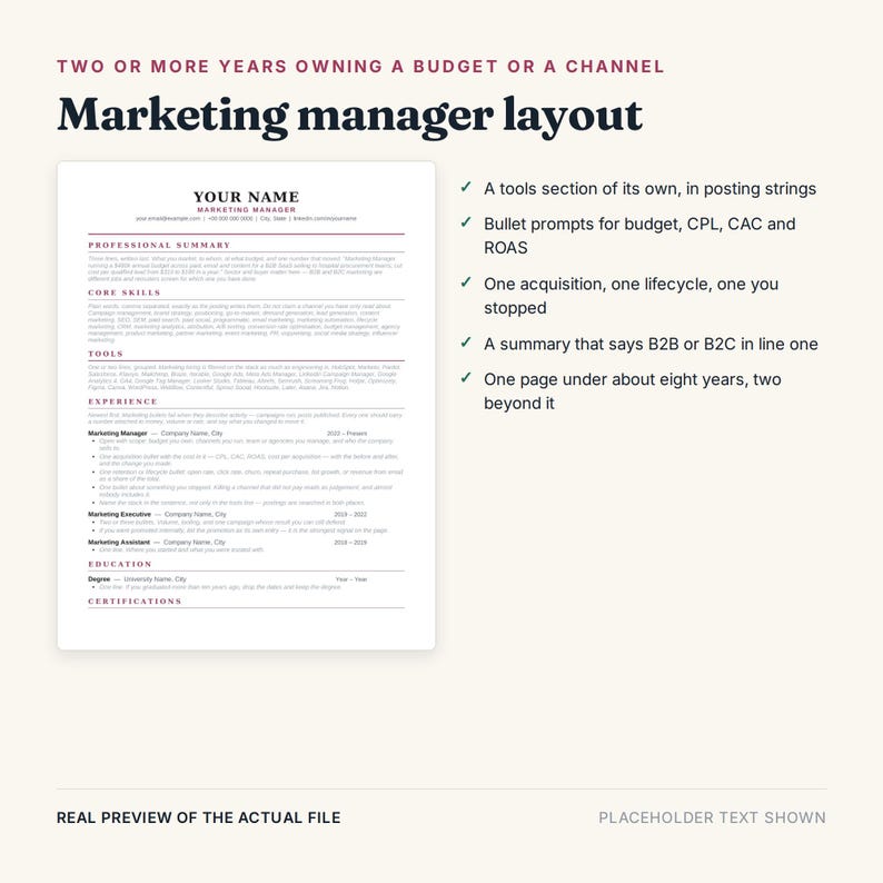 May include: A marketing manager resume template featuring sections for professional summary, core skills, tools, experience, and education. The document includes text headers and bullet points with placeholder content, alongside a list of layout tips.