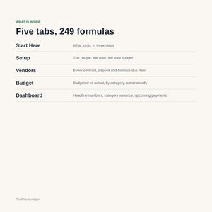 K&ouml;nnte beinhalten: Eine digitale Informationsgrafik mit dem Titel What is inside, Five tabs, 249 formulas. Sie listet f&uuml;nf Abschnitte auf: Start Here, Setup, Vendors, Budget und Dashboard, jeweils mit einer kurzen Beschreibung ihrer Funktion zur Finanzverwaltung.
