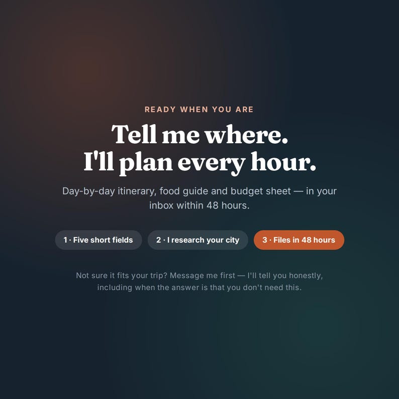 May include: A dark gradient digital graphic with white text reading: READY WHEN YOU ARE, Tell me where. I'll plan every hour. Day-by-day itinerary, food guide and budget sheet &mdash; in your inbox within 48 hours. Buttons labeled 1, 2, and 3.