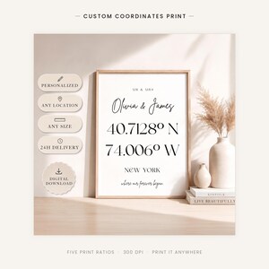 May include: A custom coordinates print in a wooden frame featuring the text "Mr & Mrs", "Olivia & James", "40.7128&deg; N", "74.006&deg; W", "New York", and "where our forever began". The image includes icons for personalized, location, size, delivery, and digital download.